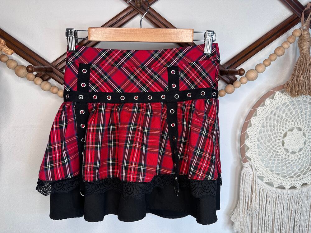 Social Collision Red Plaid Black Grommet Tiered Mini Skirt